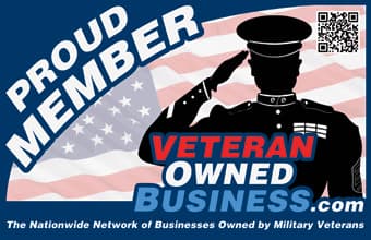 Veteran Owned Business proud member badge: a saluting service member in silhouette in front of an American flag