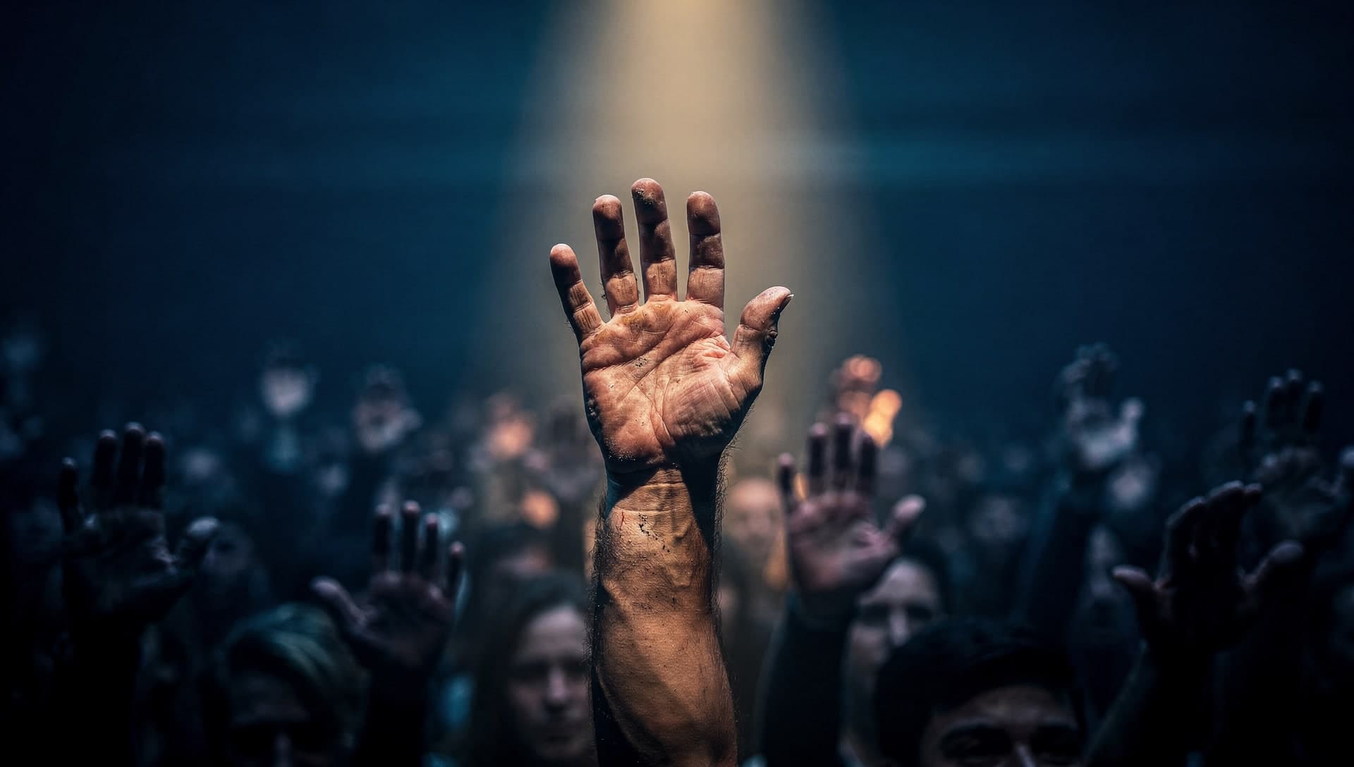 One weathered raised hand lit by a warm shaft of overhead light, above a crowd of other raised hands sunk in cool blue shadow.