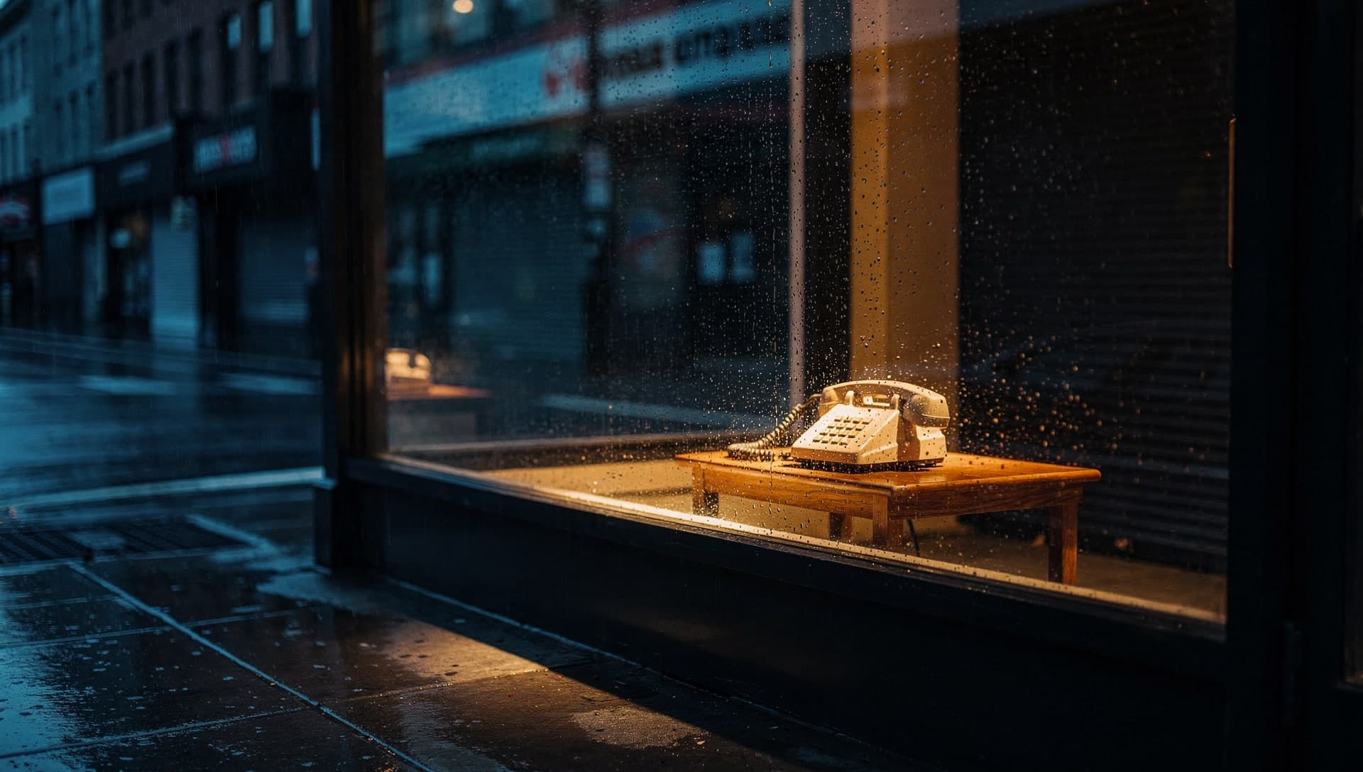 A warm lit desk phone glowing on a small wooden table inside a shop window with rain streaked glass at blue hour, an empty wet street and dark storefronts beyond.