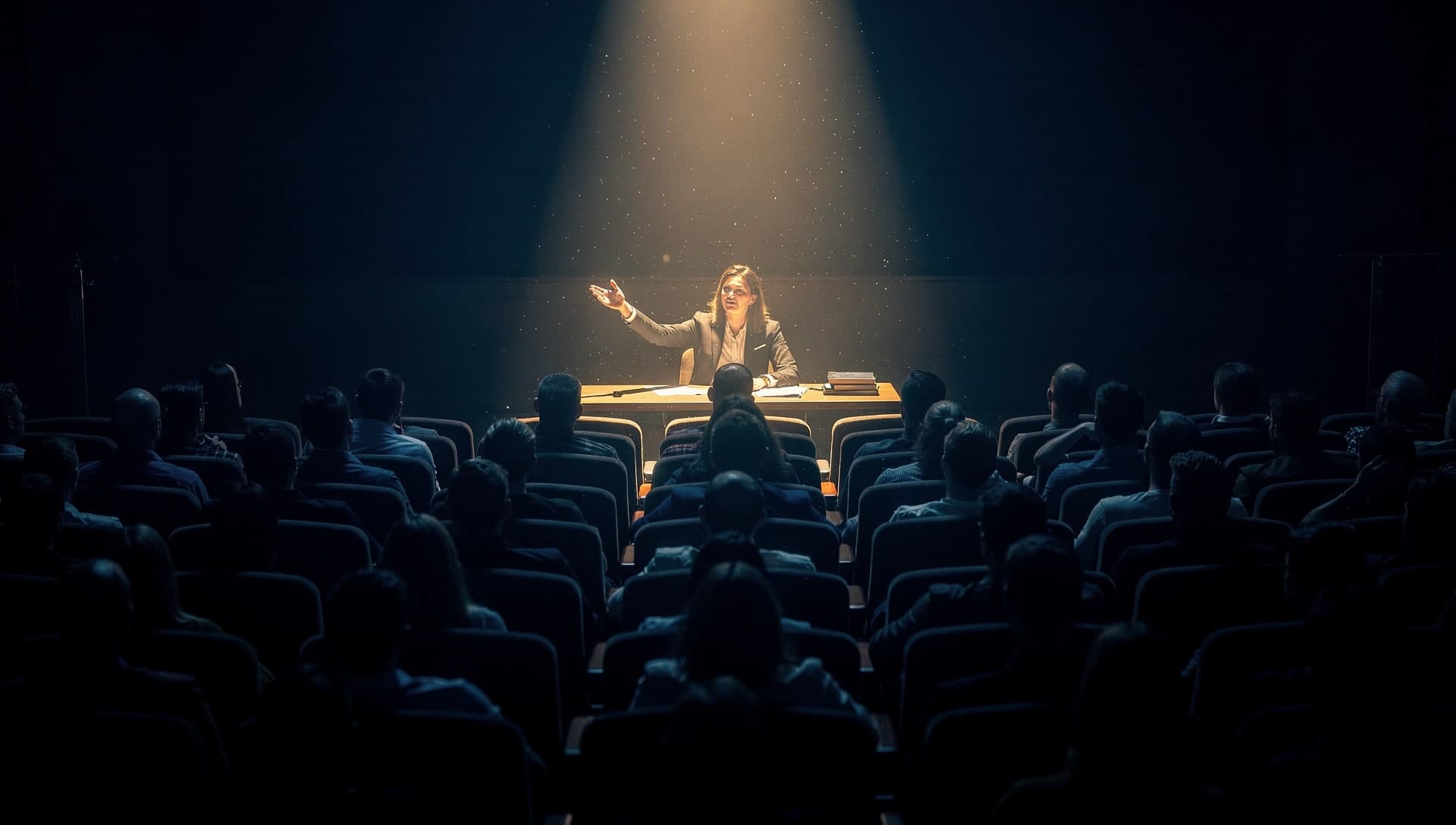 A woman seated at a desk under a single warm overhead spotlight gestures as she speaks, an audience of people sitting in darkness before her.