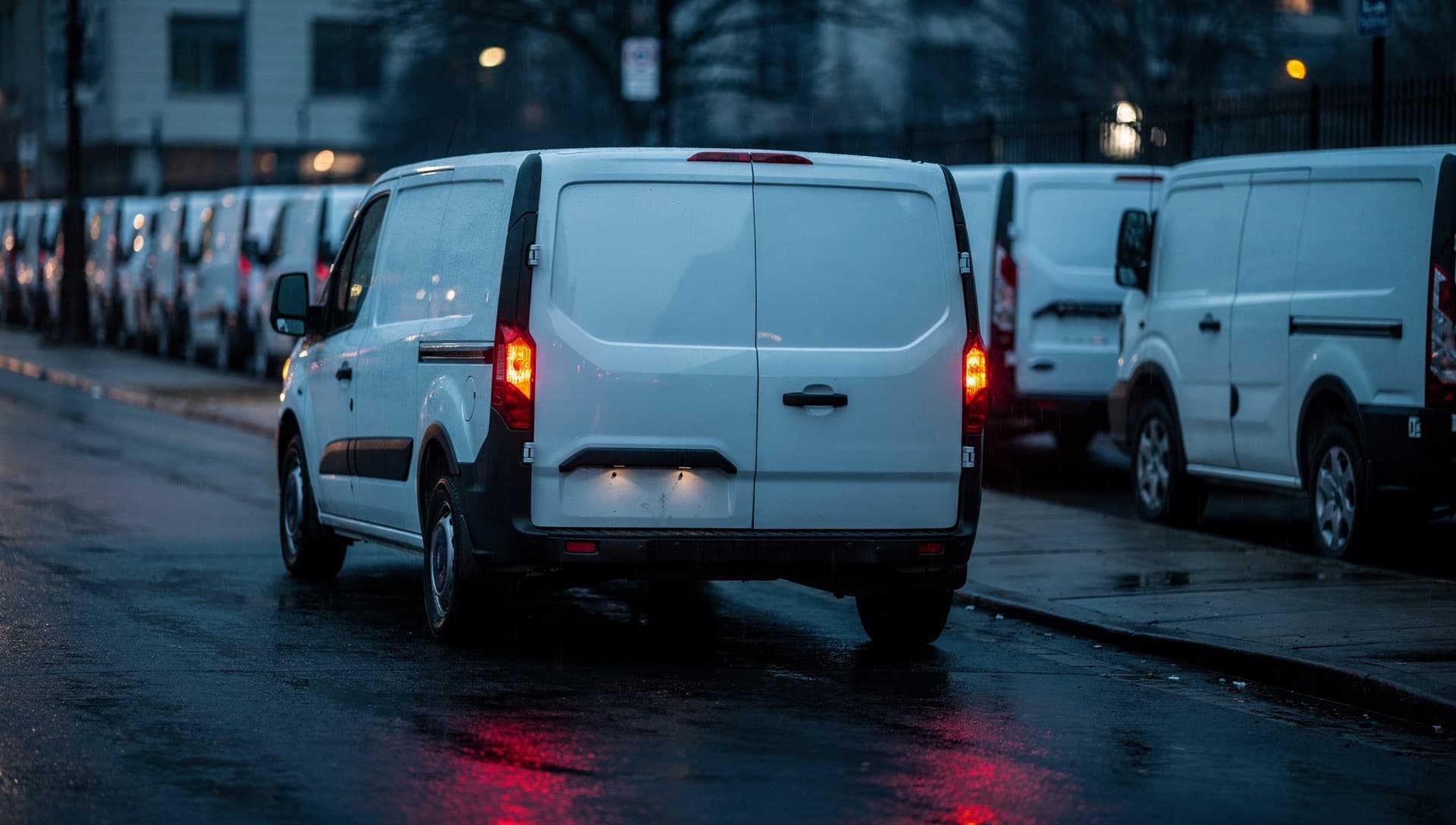 A plain white cargo van drives away down a rain wet street at blue hour with its red tail lights glowing, a long row of identical white vans parked in cool blue shadow behind it.