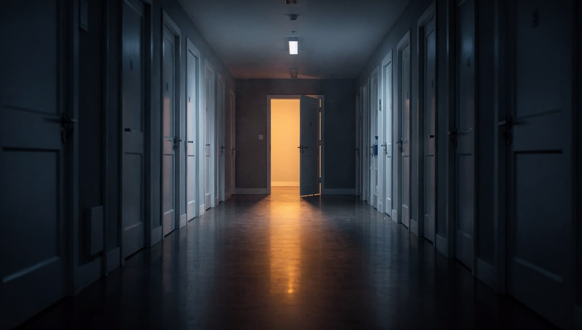 A long dim corridor lined with many identical closed doors in cool shadow, one door at the far end standing open with warm amber light spilling across the polished floor.