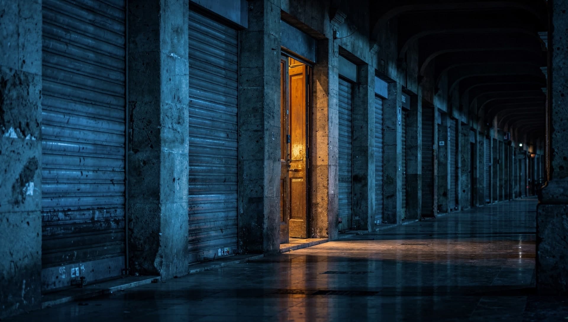 A long covered arcade at night lined with identical closed metal shutters in cold blue shadow, one open wooden doorway spilling warm amber light across the wet stone floor.