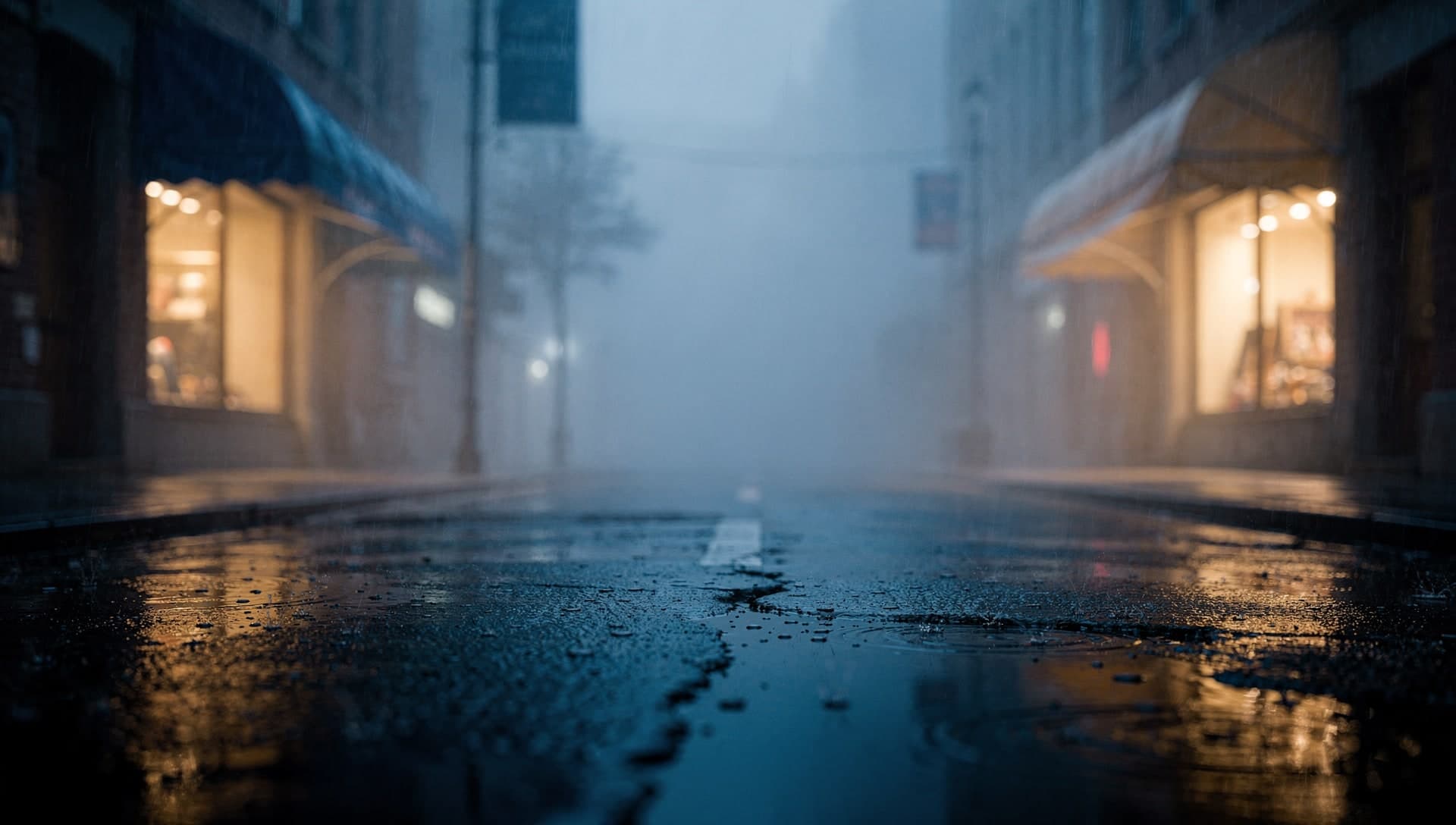 A rain slick city street at blue hour seen low from the wet pavement, two warm lit storefronts glowing on either side in the foreground while the street beyond dissolves into a wall of cold fog.