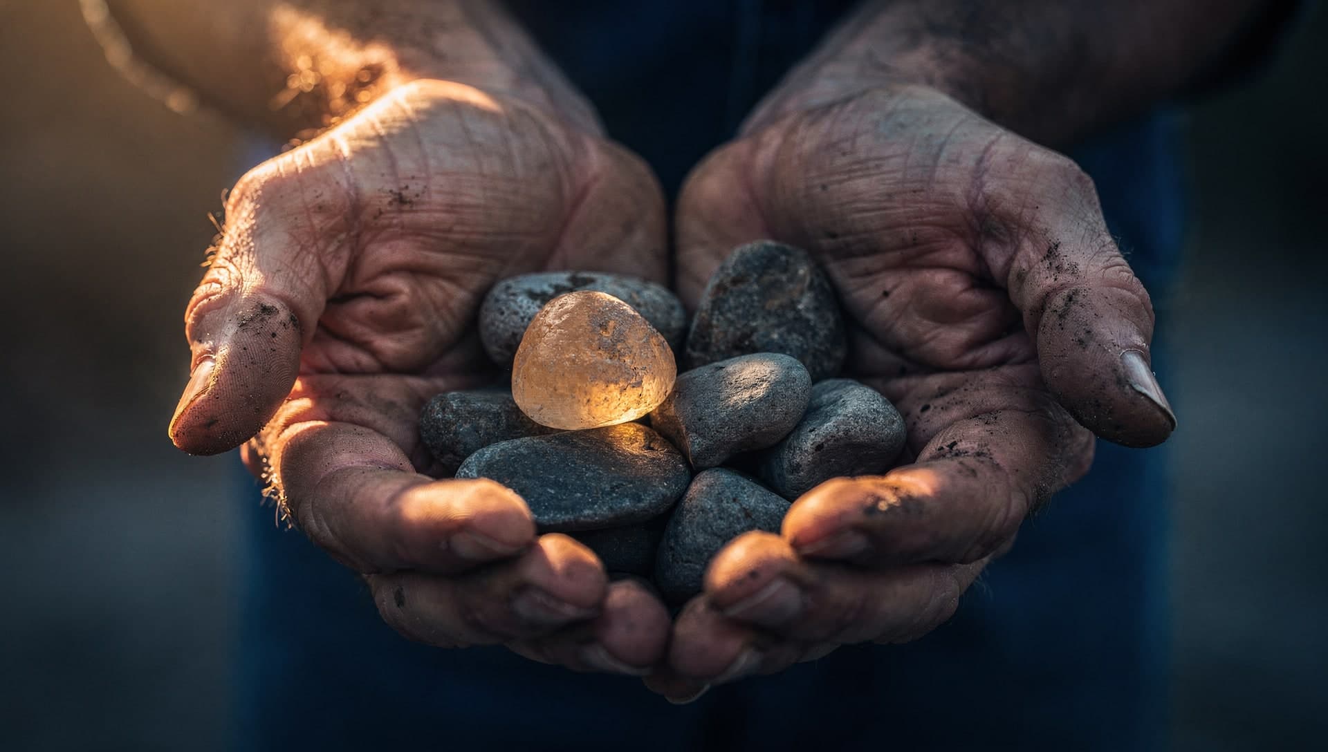 Two weathered dirt stained hands cupped together hold a handful of smooth dark stones, one stone in the center glowing warm amber while the rest stay dark against a blue shadowed background.