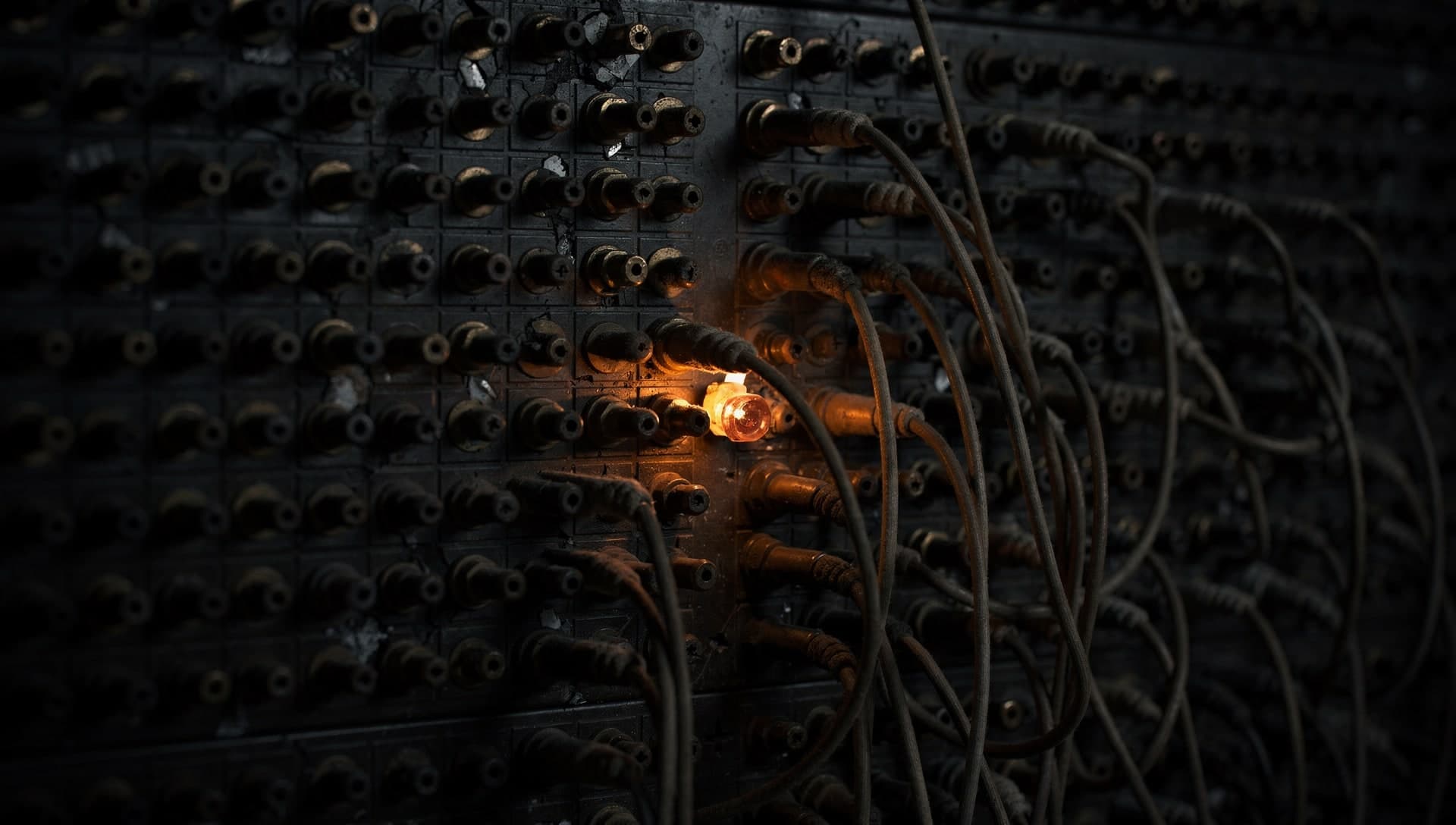 A vintage telephone switchboard of dense dark jacks and tangled patch cords sunk in shadow, a single plug glowing warm amber where one line connects.