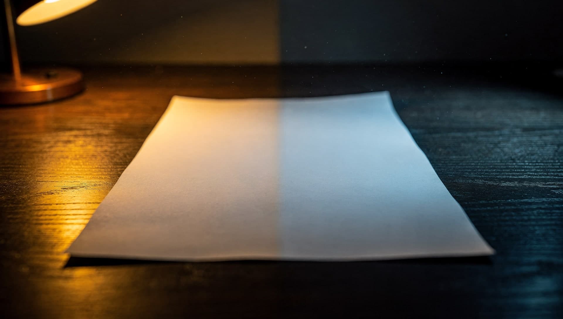 A single blank sheet of paper on a dark wood desk, its left half lit warm amber by a lamp and its right half lit cool blue, the two lights meeting down the middle of the page.