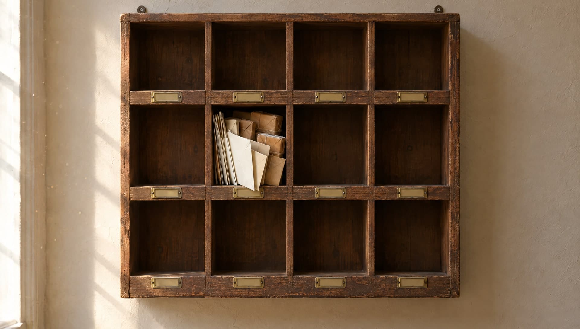 An old wooden sorting cabinet on a sunlit plaster wall, every cubby empty except one in the middle row packed with cream envelopes and small brown paper parcels.