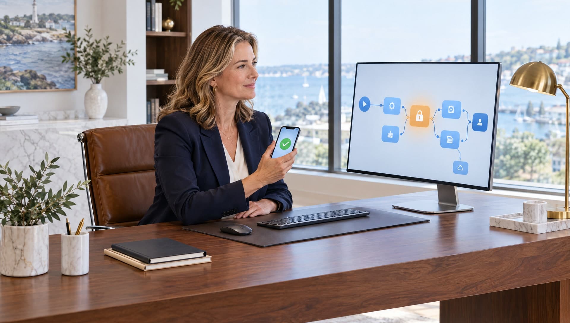 A business owner in a navy blazer holds a phone showing a green check beside a large monitor displaying an automation workflow paused at an amber padlock step