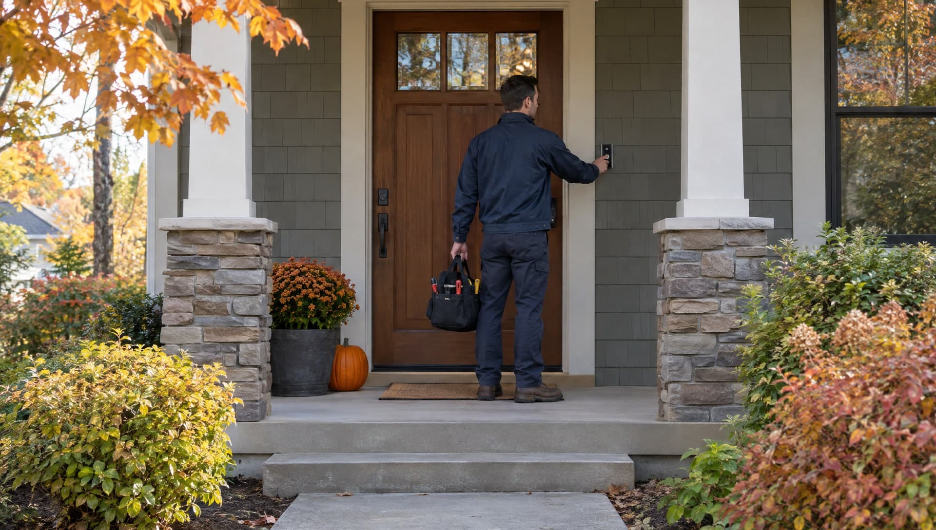 A service technician in a navy work jacket, seen from behind, rings the doorbell of a gray shingled craftsman home with his right hand while holding a black tool bag in his left, autumn trees and potted mums around the porch.
