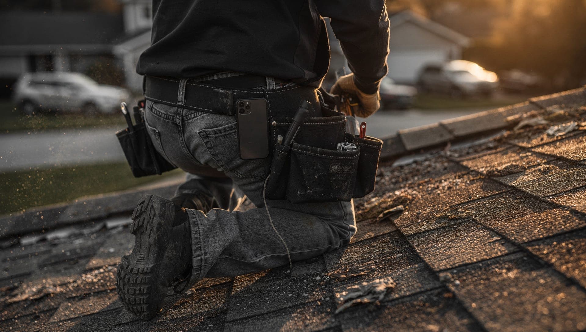 Roofer kneeling on worn shingles seen from behind at golden hour, phone tucked in a back pocket and a tool pouch on the hip