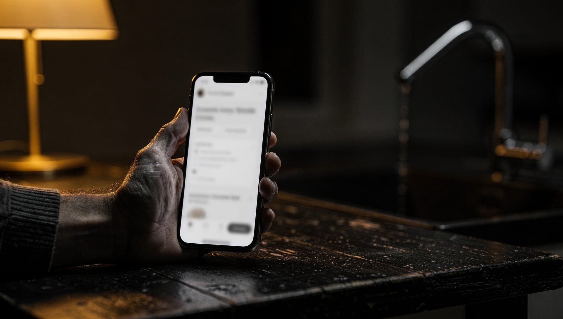 Hand holding a phone with a blurred white app screen on a worn black table between a lamp and a kitchen faucet