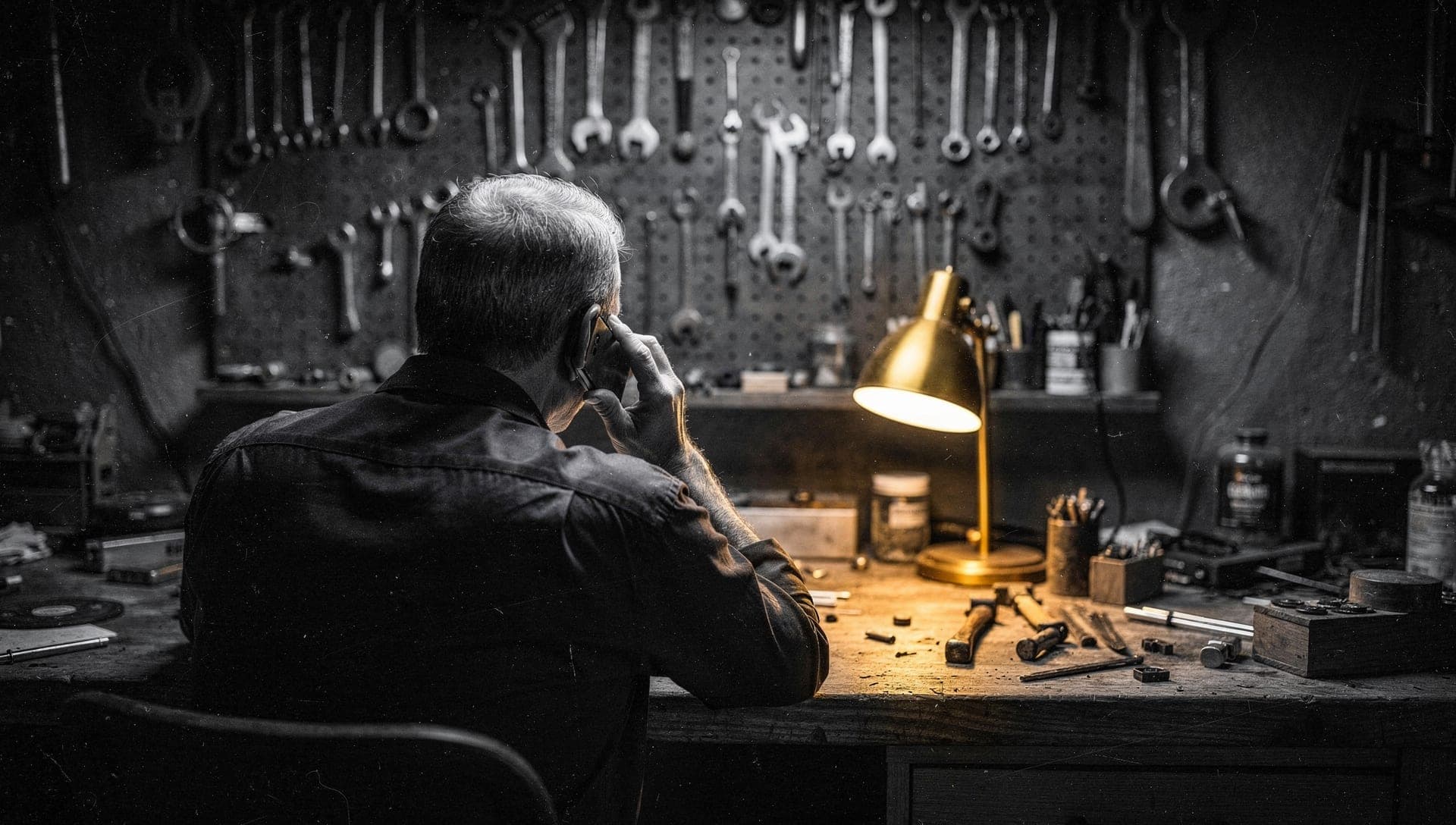 Man seen from behind taking a call at a workbench under a brass lamp, a pegboard wall of wrenches above