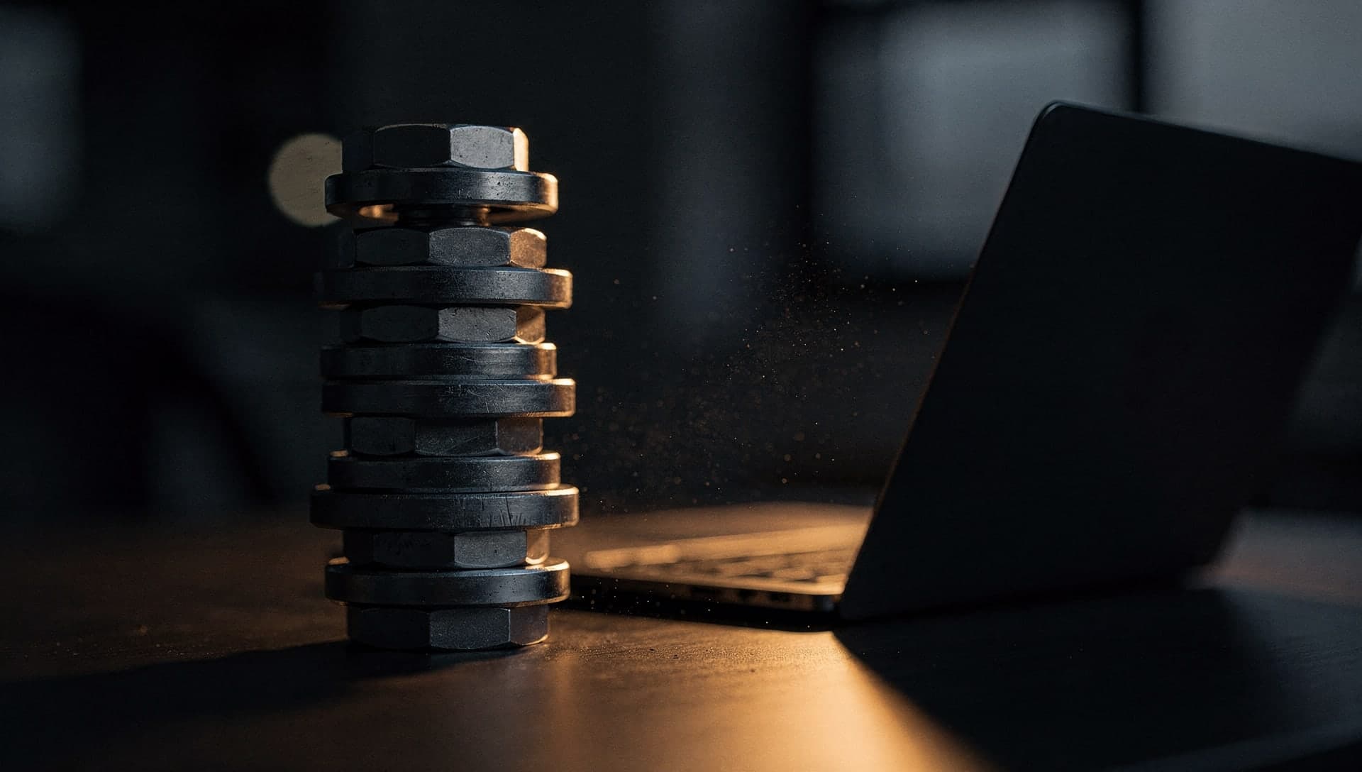 A stack of steel hex nuts beside a dark laptop leaking warm gold light on a black desk
