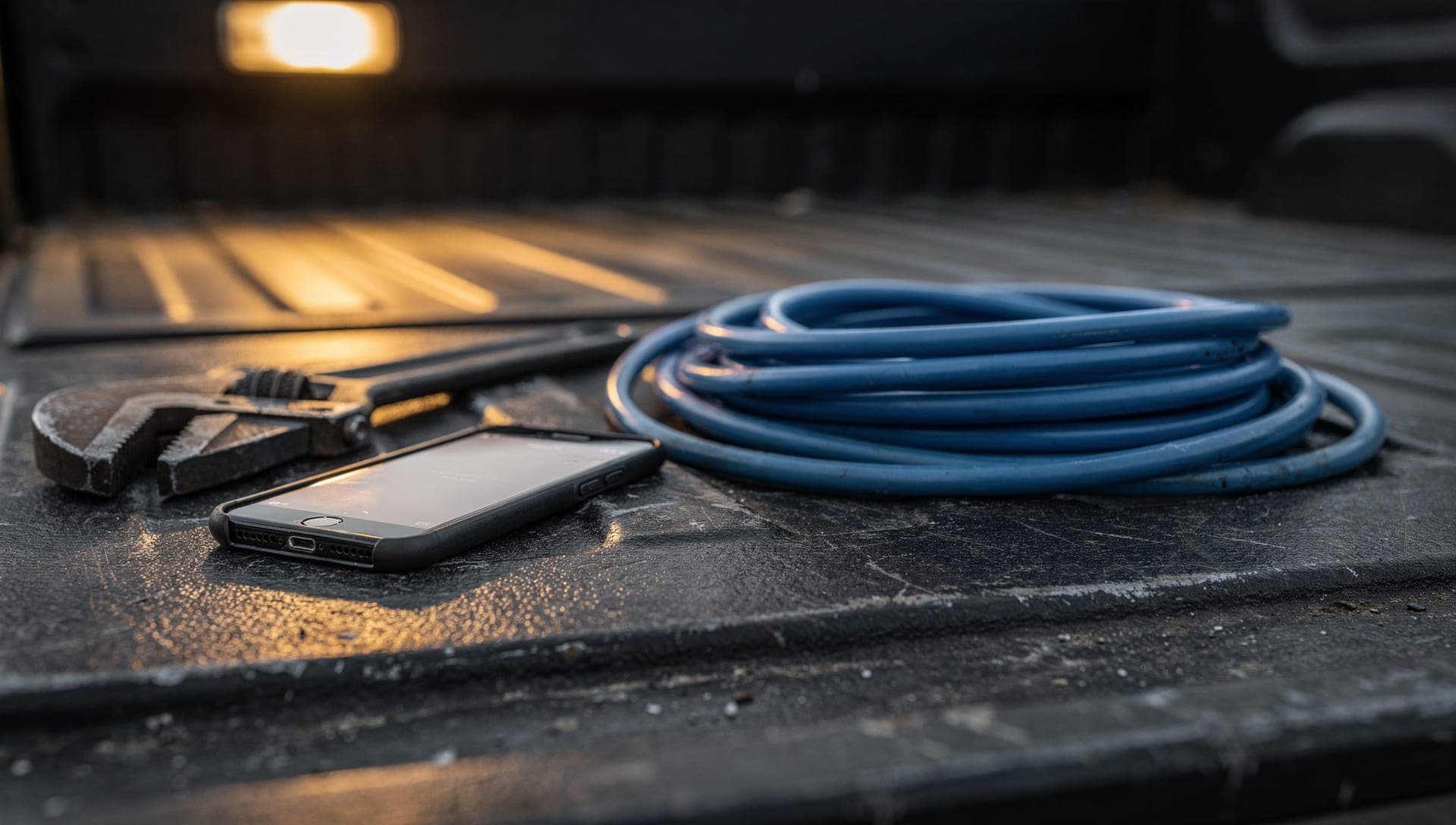 Pipe wrench, a phone lying face up, and a coiled blue hose on a scuffed truck bed at dusk
