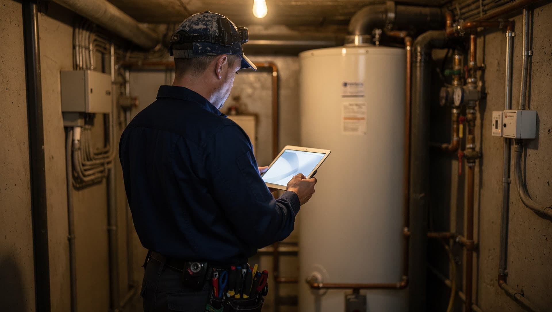 A plumber reading a tablet in a dim utility room