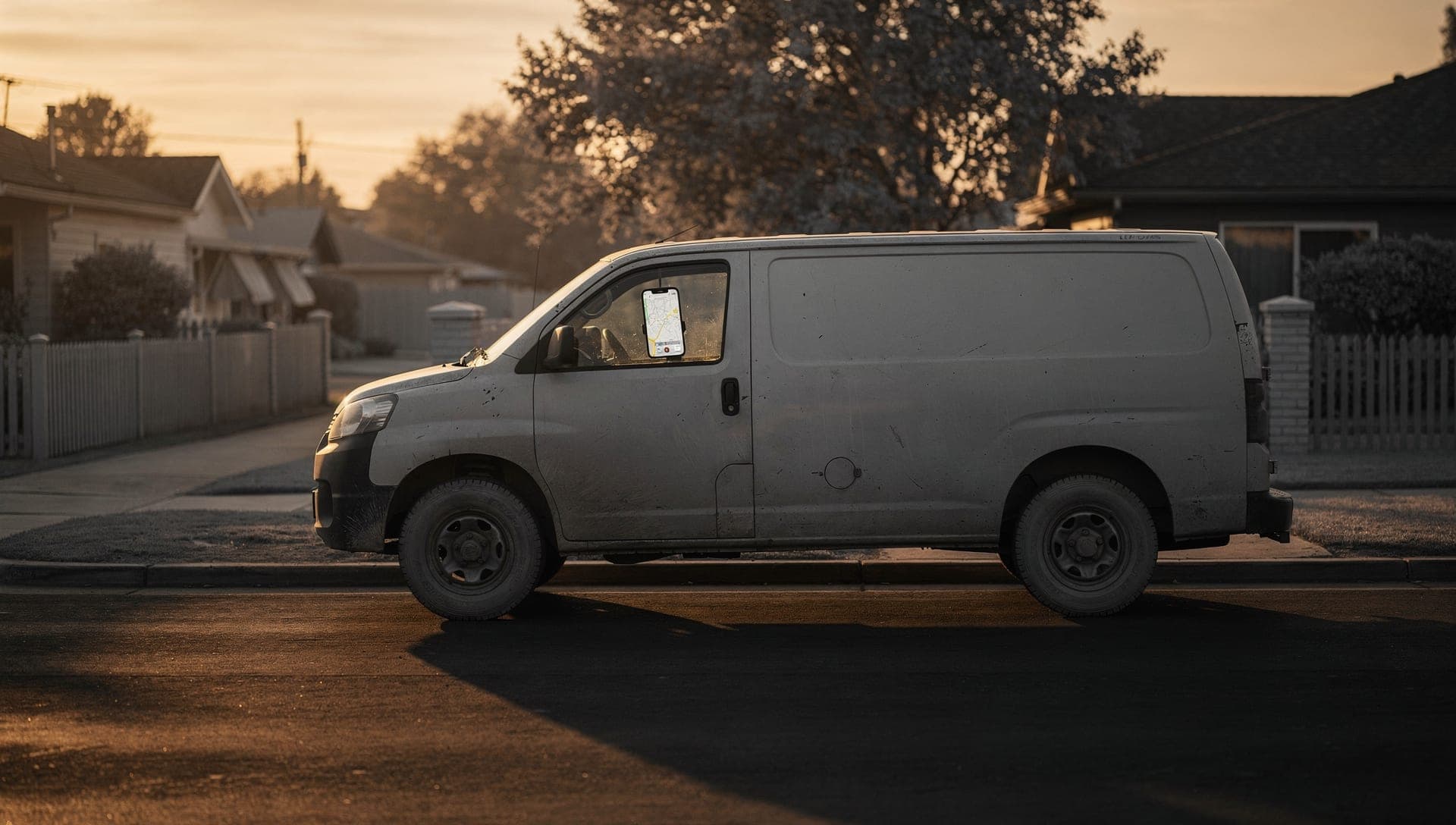 Unmarked white work van parked at the curb at sunrise on a quiet street, a phone mounted on the windshield