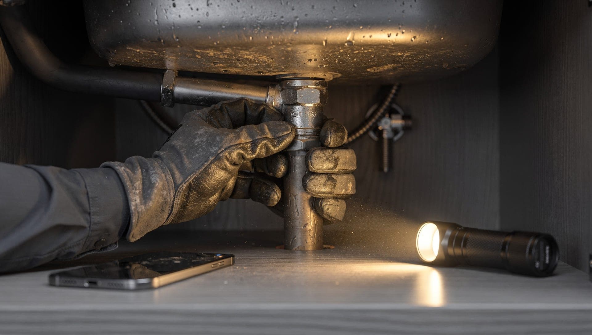 Gloved hands tightening a drain fitting under a sink, a flashlight and a phone lit on the cabinet floor