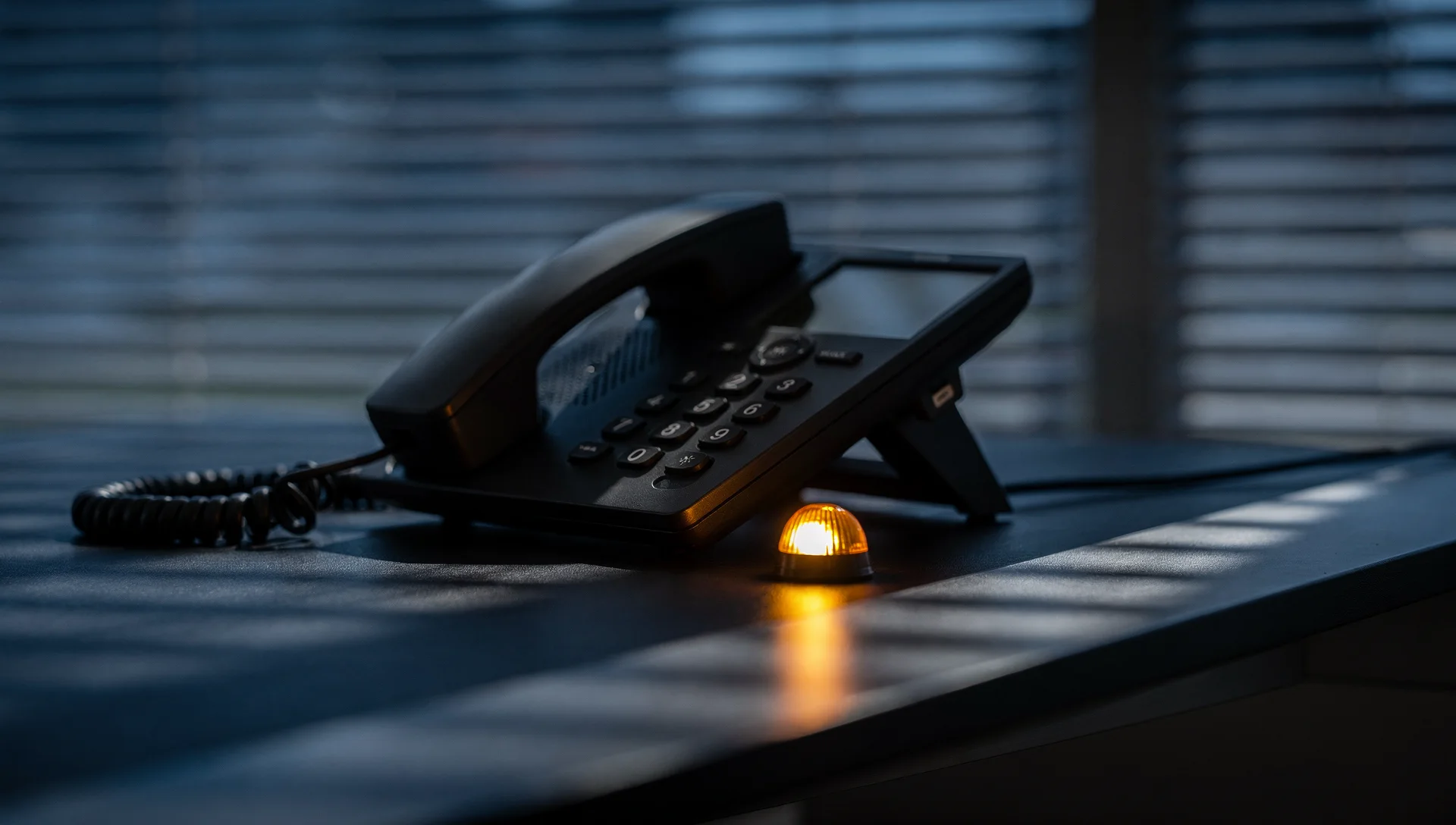 A black desk phone with a small amber light on a dark desk striped by window-blind light