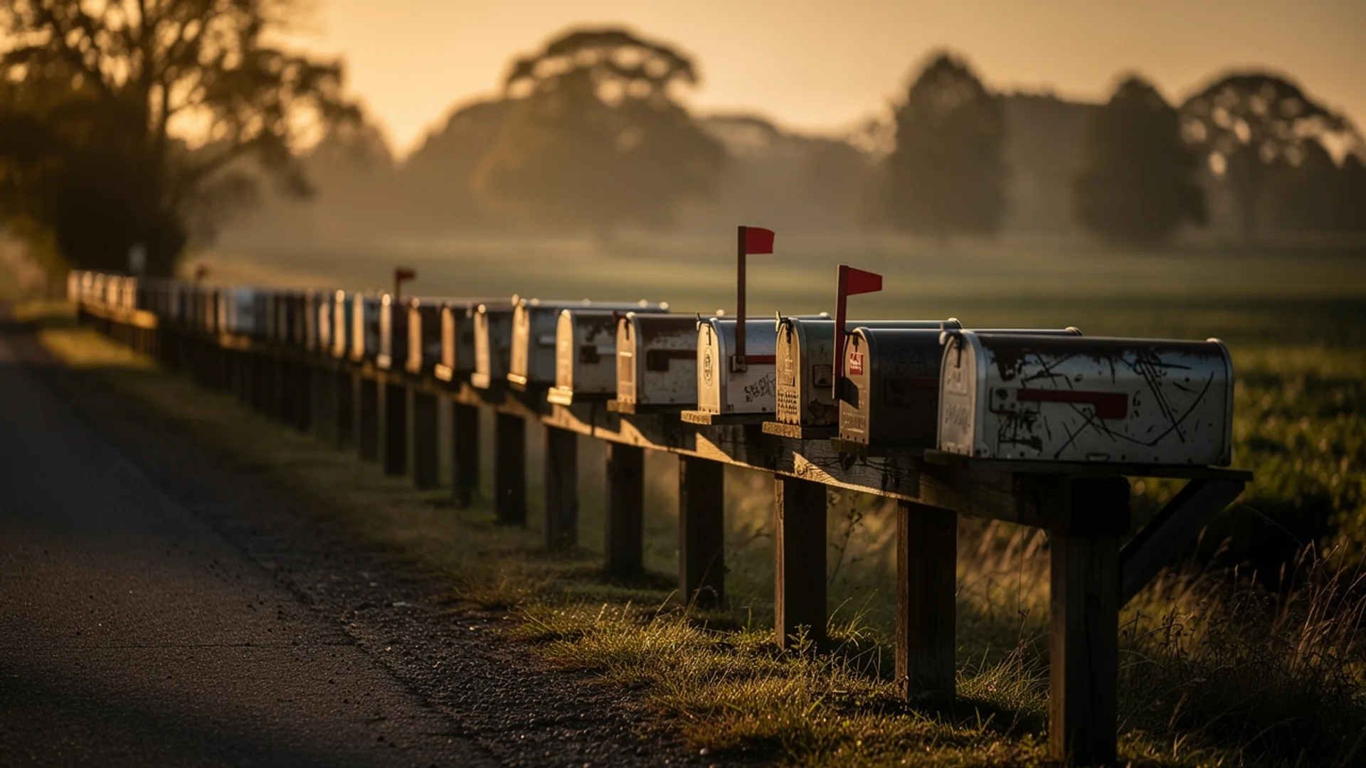 Long row of weathered roadside mailboxes on a wooden rail at golden hour, a few red flags raised