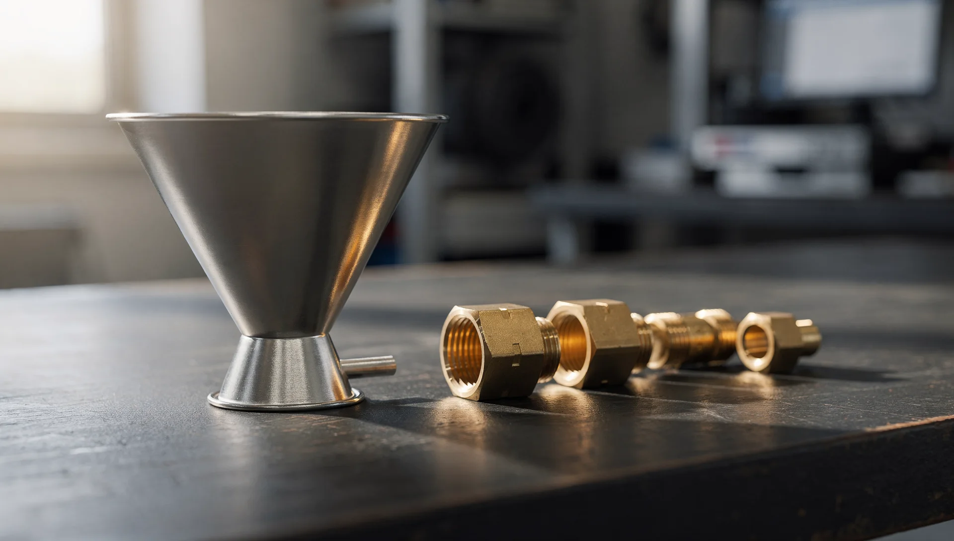 A steel funnel and brass fittings arranged in a line on a dark workbench