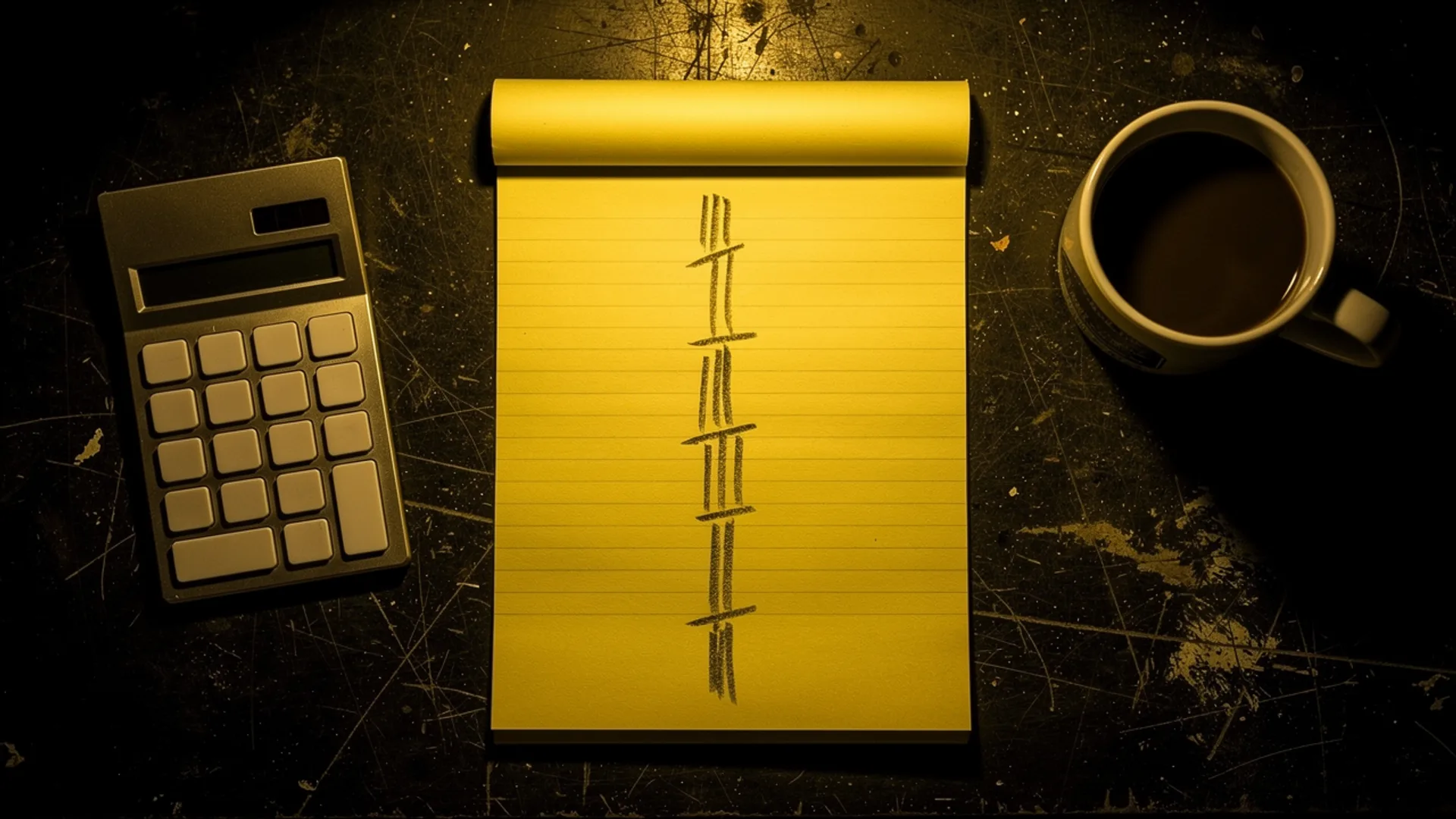 Legal pad with pencil tally marks in groups of five between a calculator and a mug of coffee, seen from above