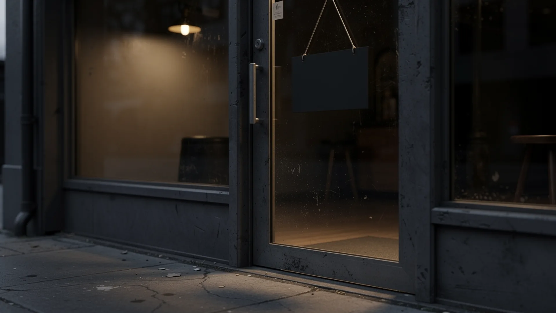 Glass storefront door at dusk with a blank hanging sign inside and one lamp lit in the dim interior