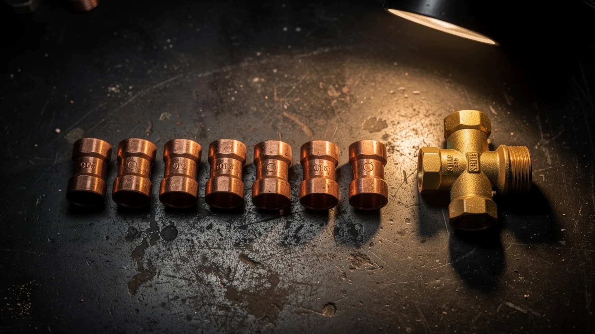 Seven copper couplings lined up beside one brass tee on a scratched steel bench under a lamp