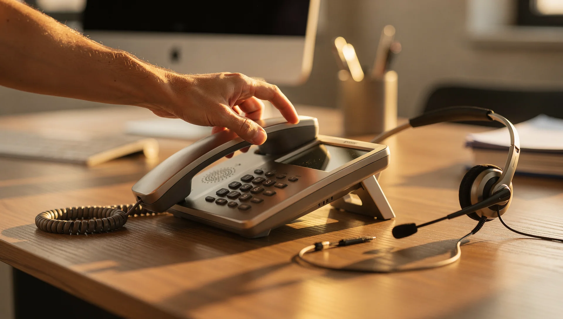 A hand lifting a desk-phone handset beside a wired headset in warm office light