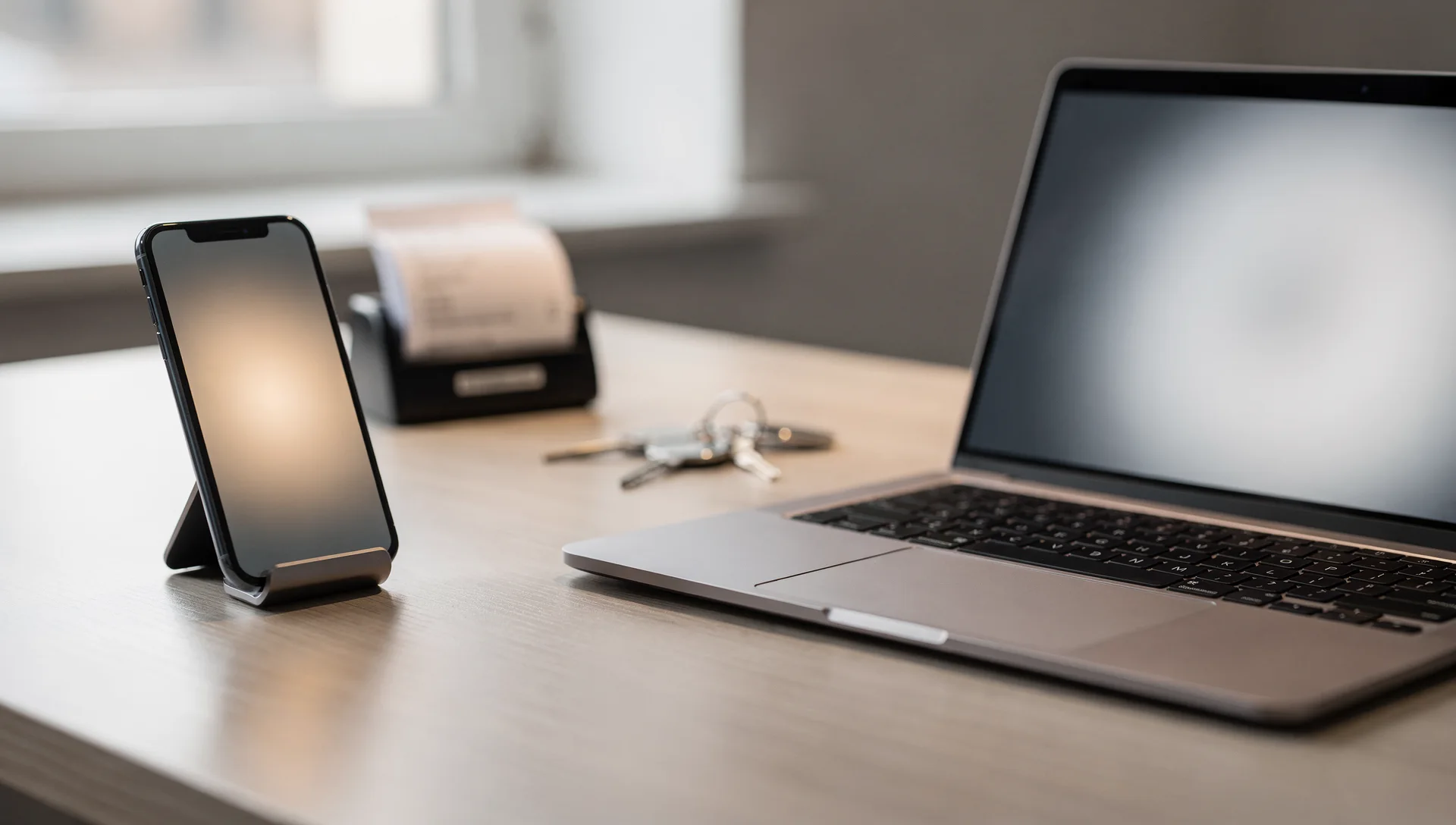 A phone on a stand and an open laptop side by side on a light office desk
