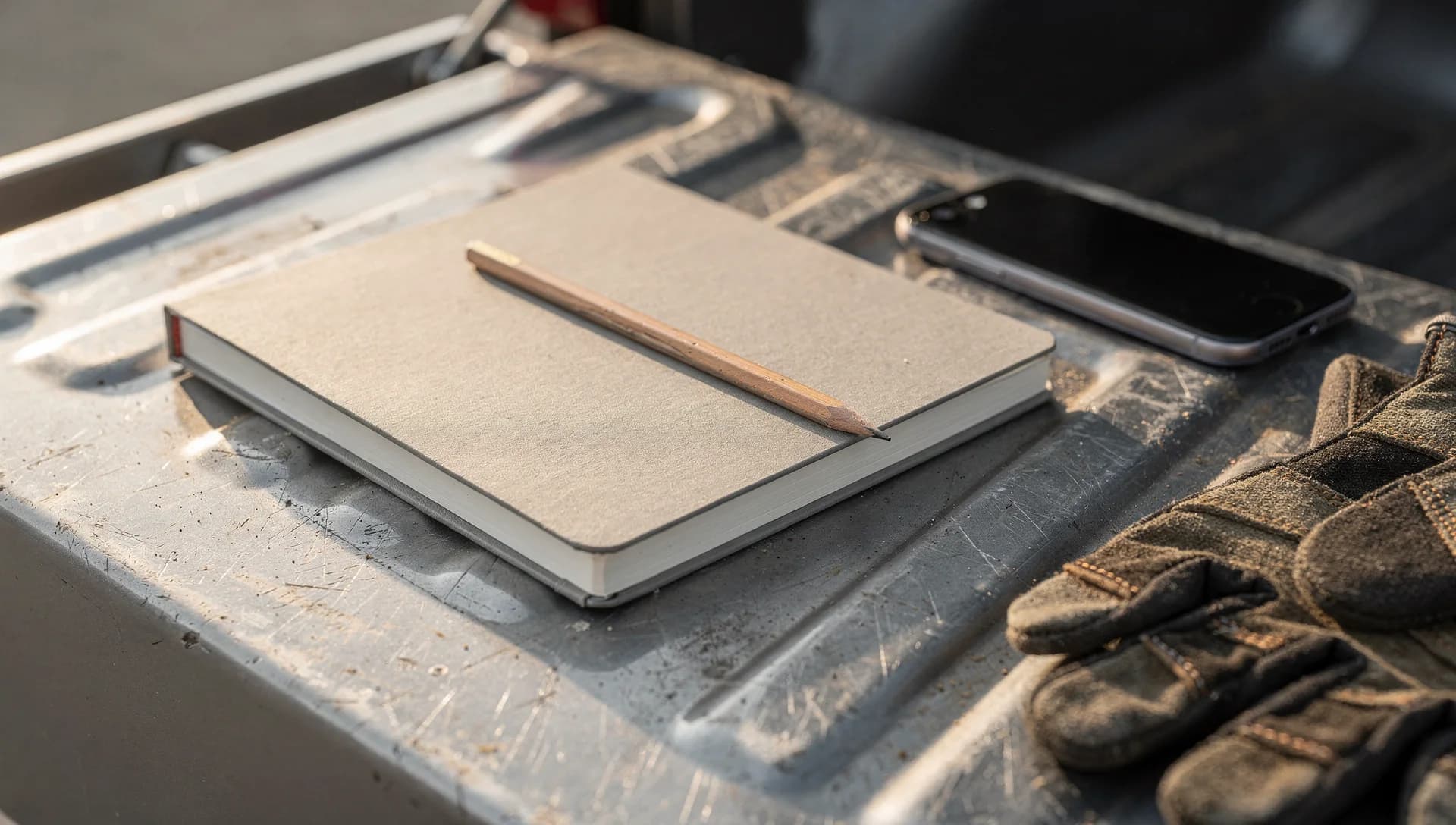A closed gray notebook with a pencil beside a phone and work gloves on a truck tailgate