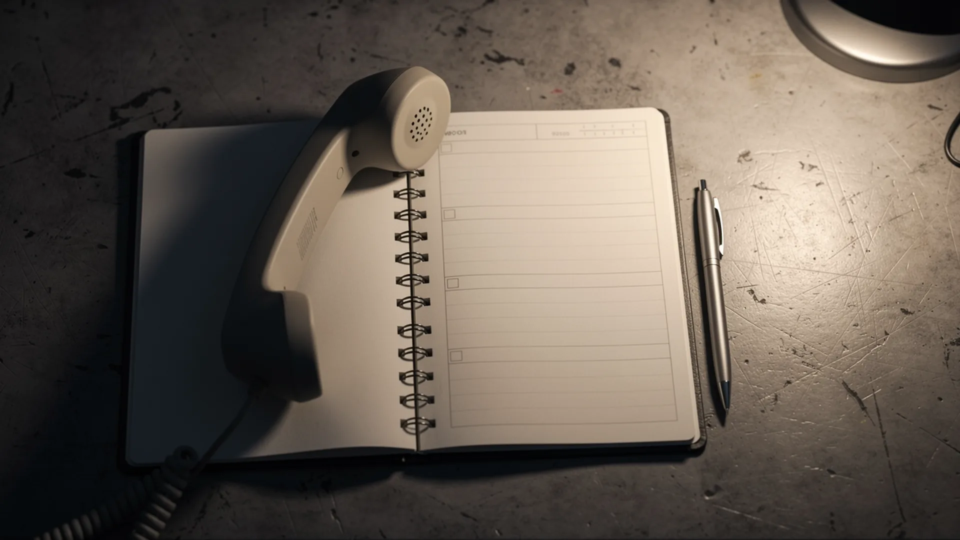 Corded phone handset laid across an open spiral notebook with empty checkbox lines and a pen beside it
