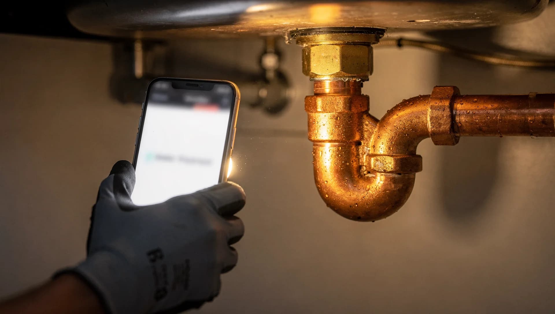 A gloved hand holding a phone with a blurred app beneath a copper sink trap