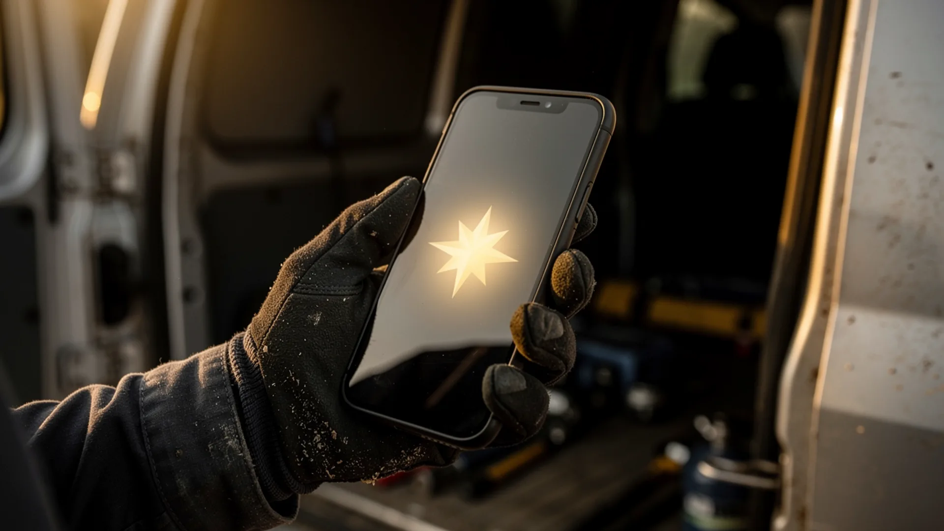 Gloved hand holding up a phone showing one glowing star, the open rear doors of a work van behind