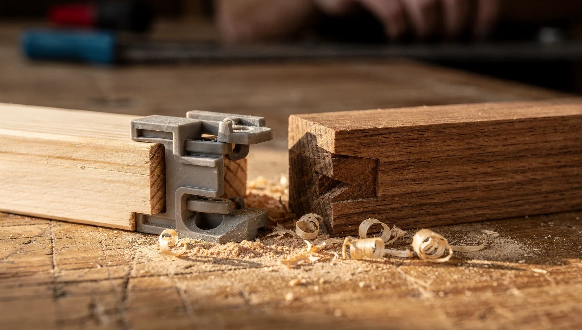 A plastic connector clip joining one wood rail beside a hand-cut dovetail joint on another