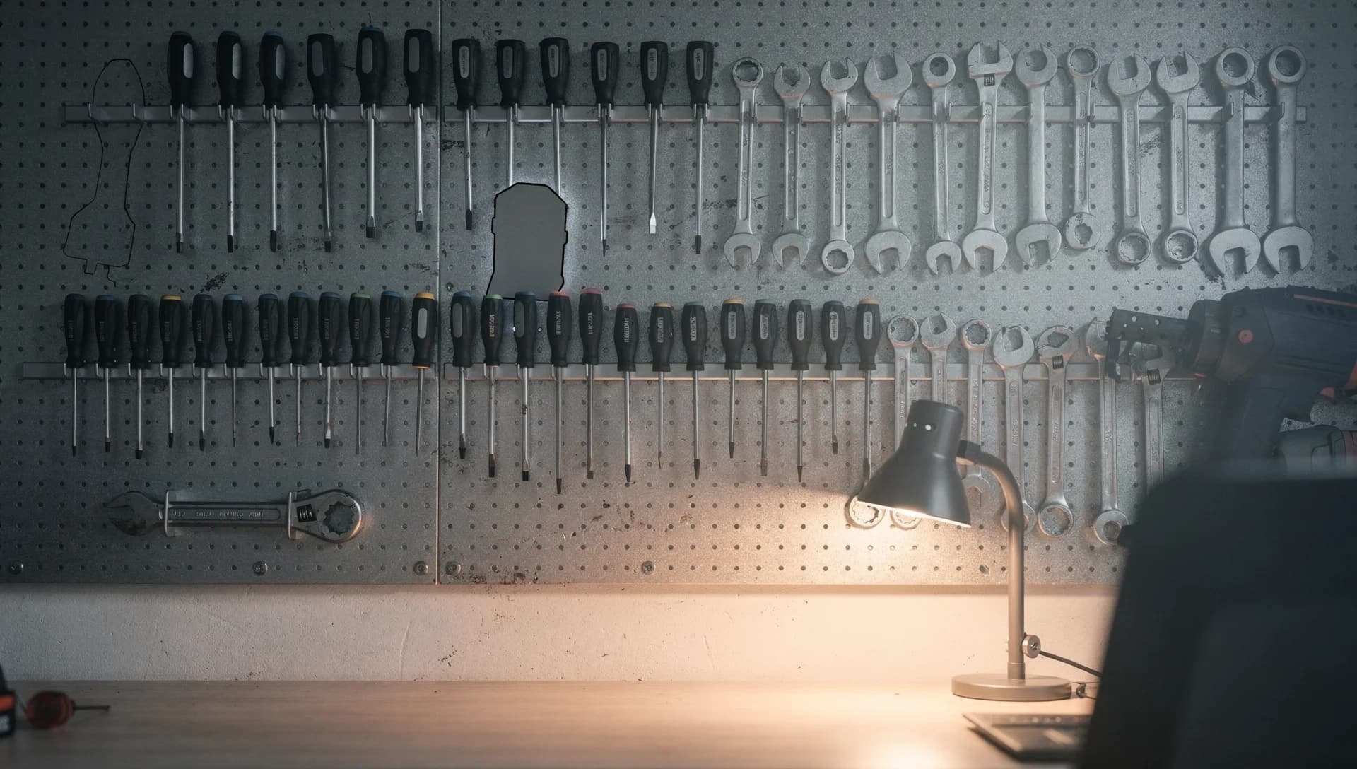 A pegboard tool wall with two empty tool outlines under a desk lamp