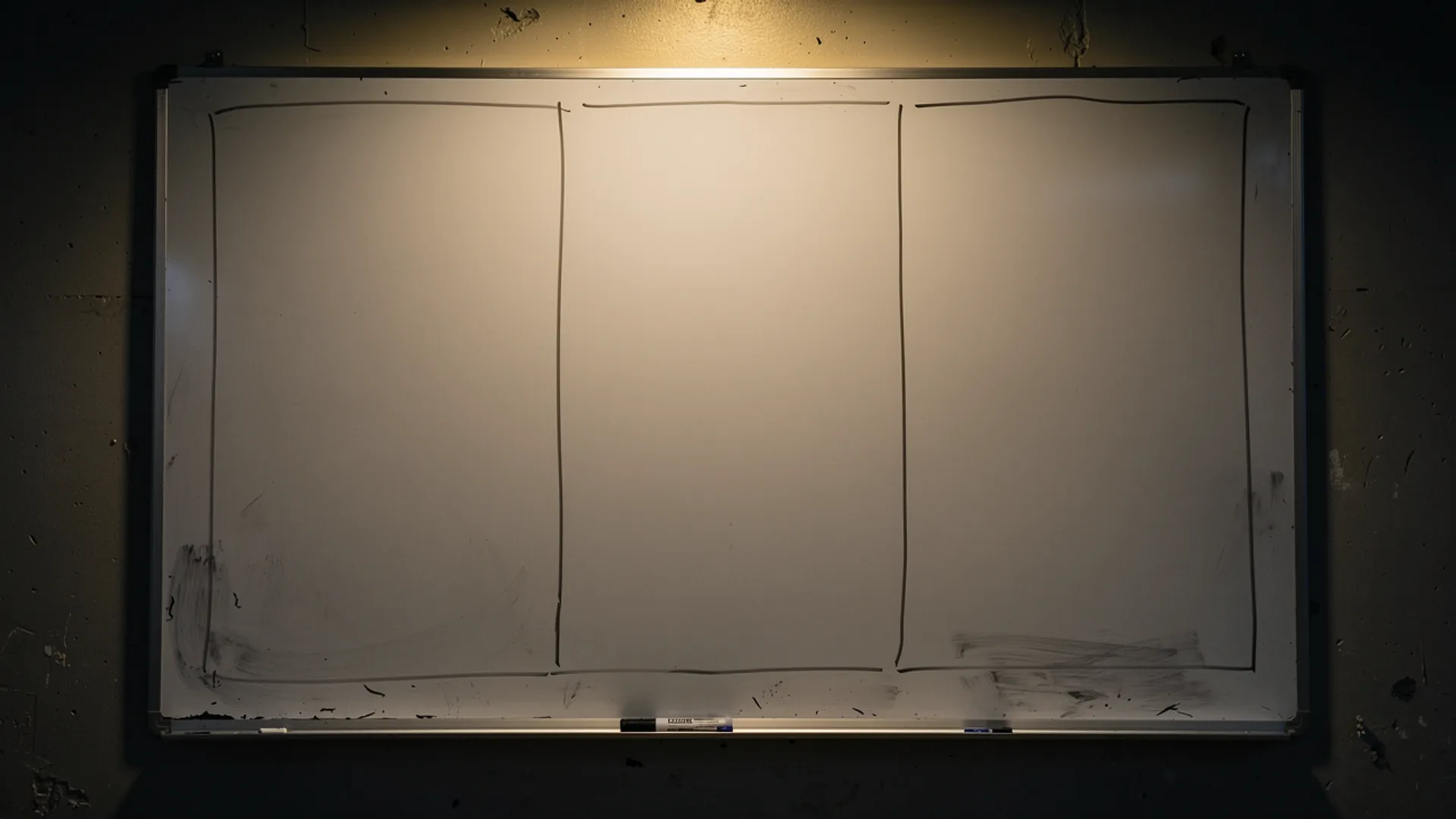 Blank whiteboard with three hand-drawn empty columns under one warm light on a scuffed concrete wall