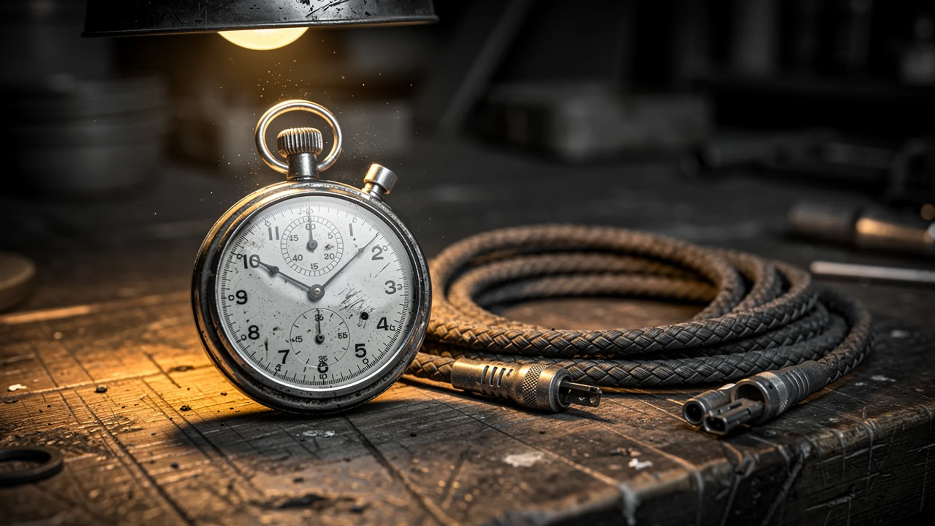 Vintage stopwatch standing beside a coiled braided cable on a scarred workbench under a bare lamp