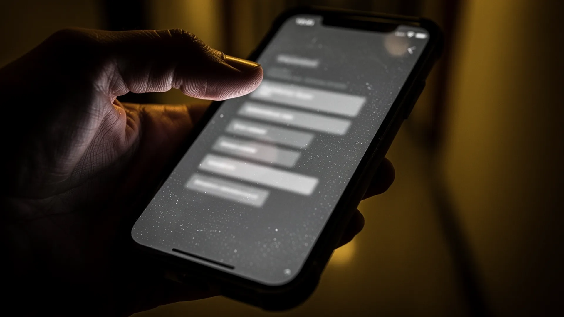 Thumb hovering over a phone screen with a blurred list of message rows in a dim hallway
