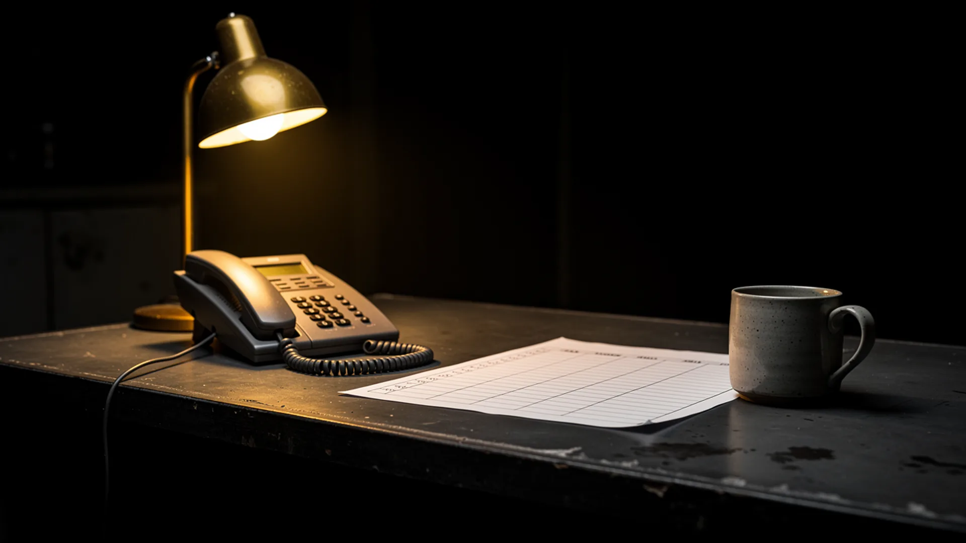 Desk lamp over a corded office phone, a blank ruled log sheet, and a speckled mug on a black desk