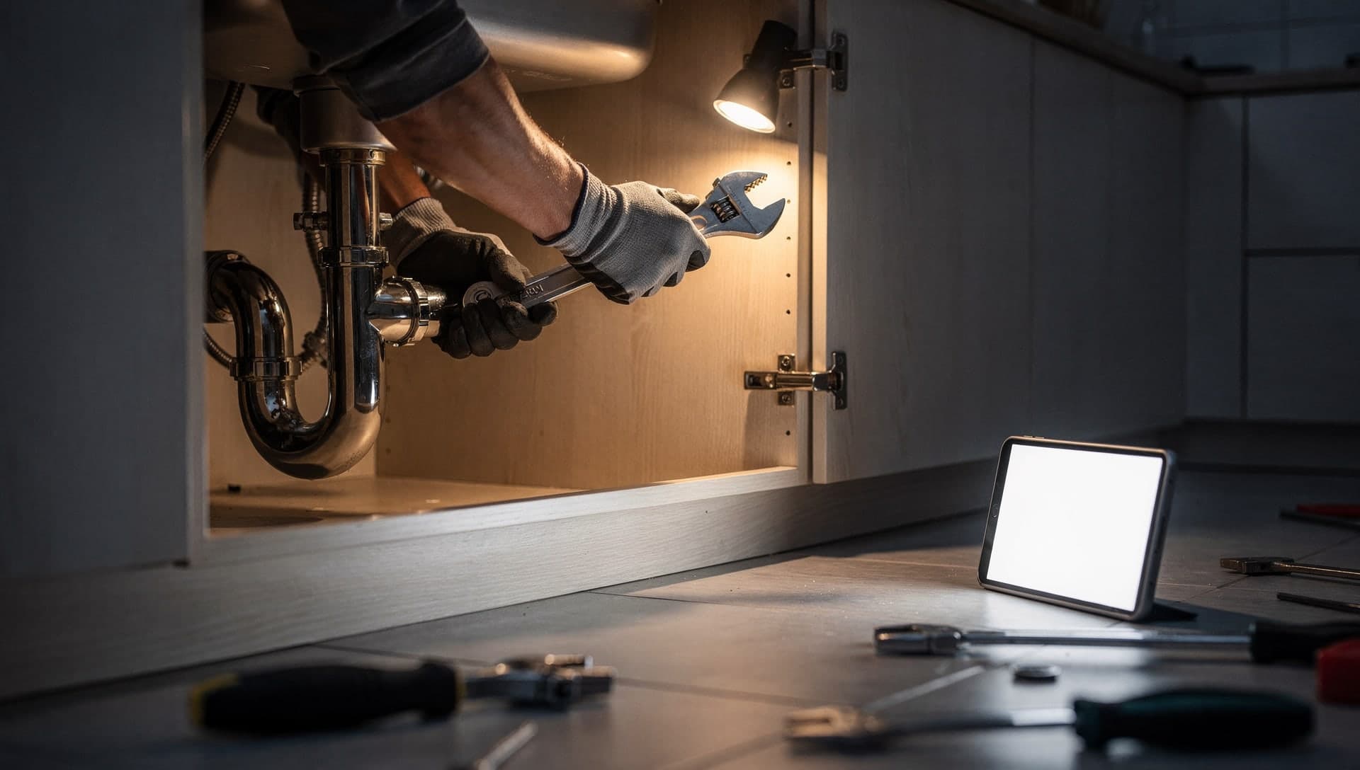 Gloved hands repairing a sink trap inside a cabinet while a glowing tablet leans on the floor among tools