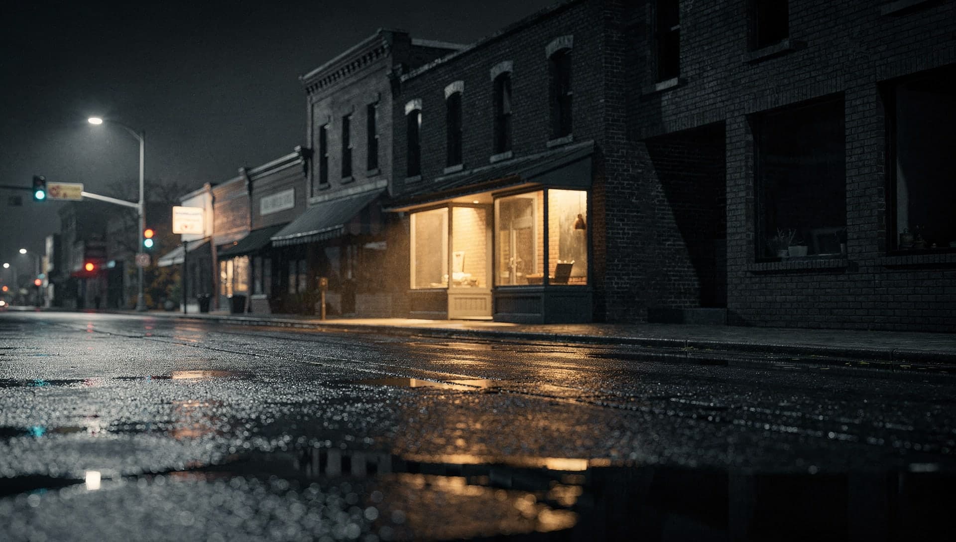 A quiet main street at night with one small storefront glowing warm gold, wet pavement reflecting the single light