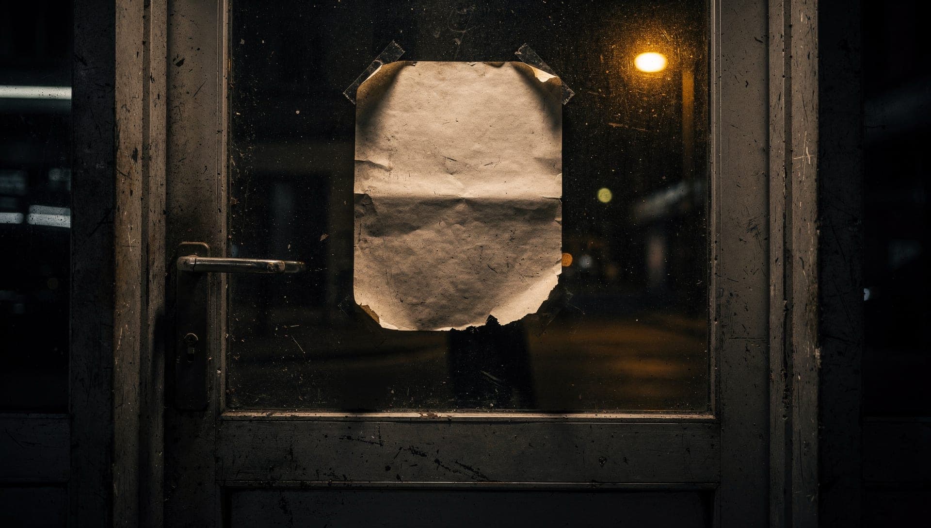 Blank crumpled sheet taped to the inside of a grimy shop door window at night, a street lamp glowing behind