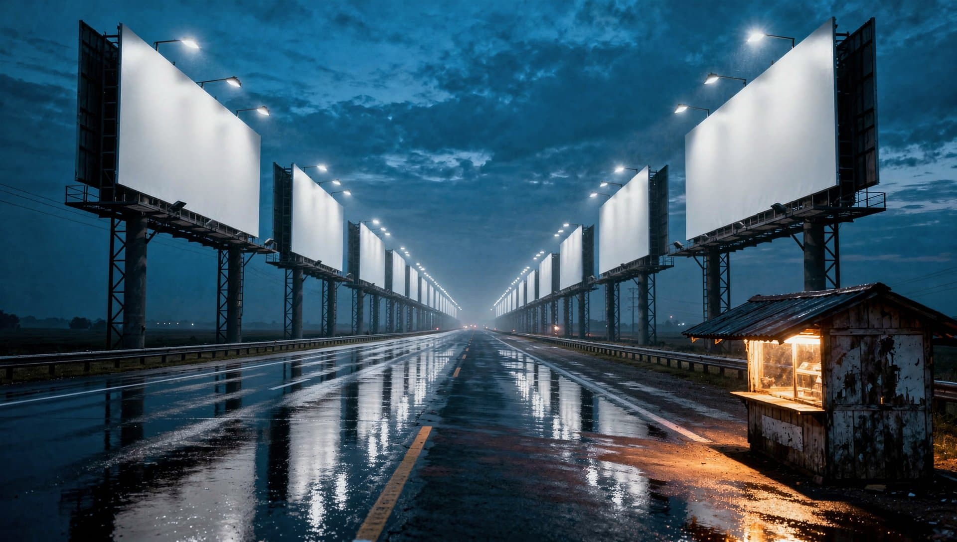 Two rows of blank floodlit billboards receding down a wet dusk highway, with one small warm-lit wooden roadside stand glowing amber at the right