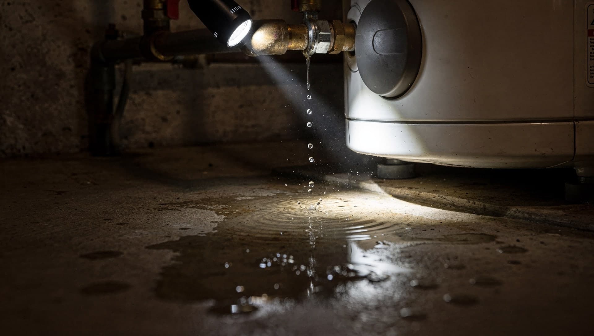 Water dripping from a leaking water heater fitting into a puddle under a flashlight beam