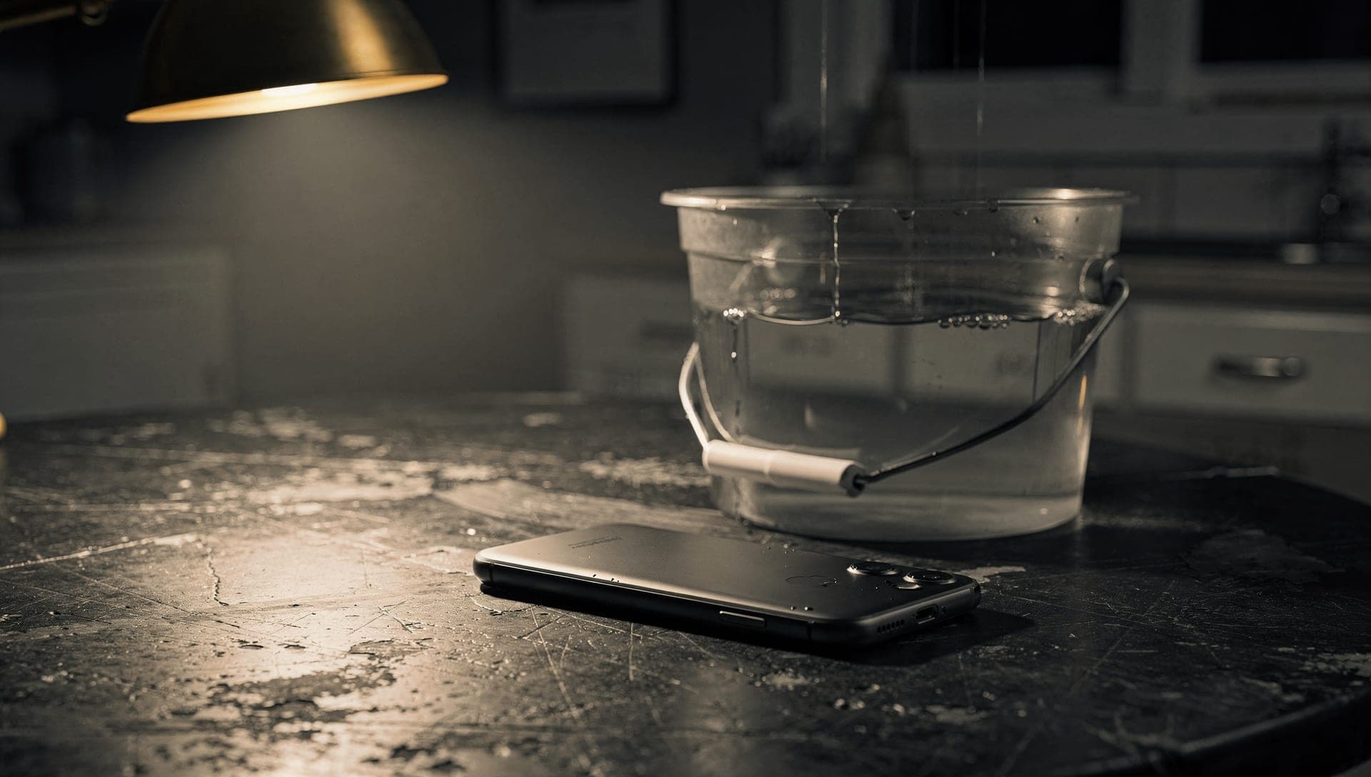 Phone lying face down on a wet scratched counter beside a clear bucket catching a drip from above, brass lamp overhead