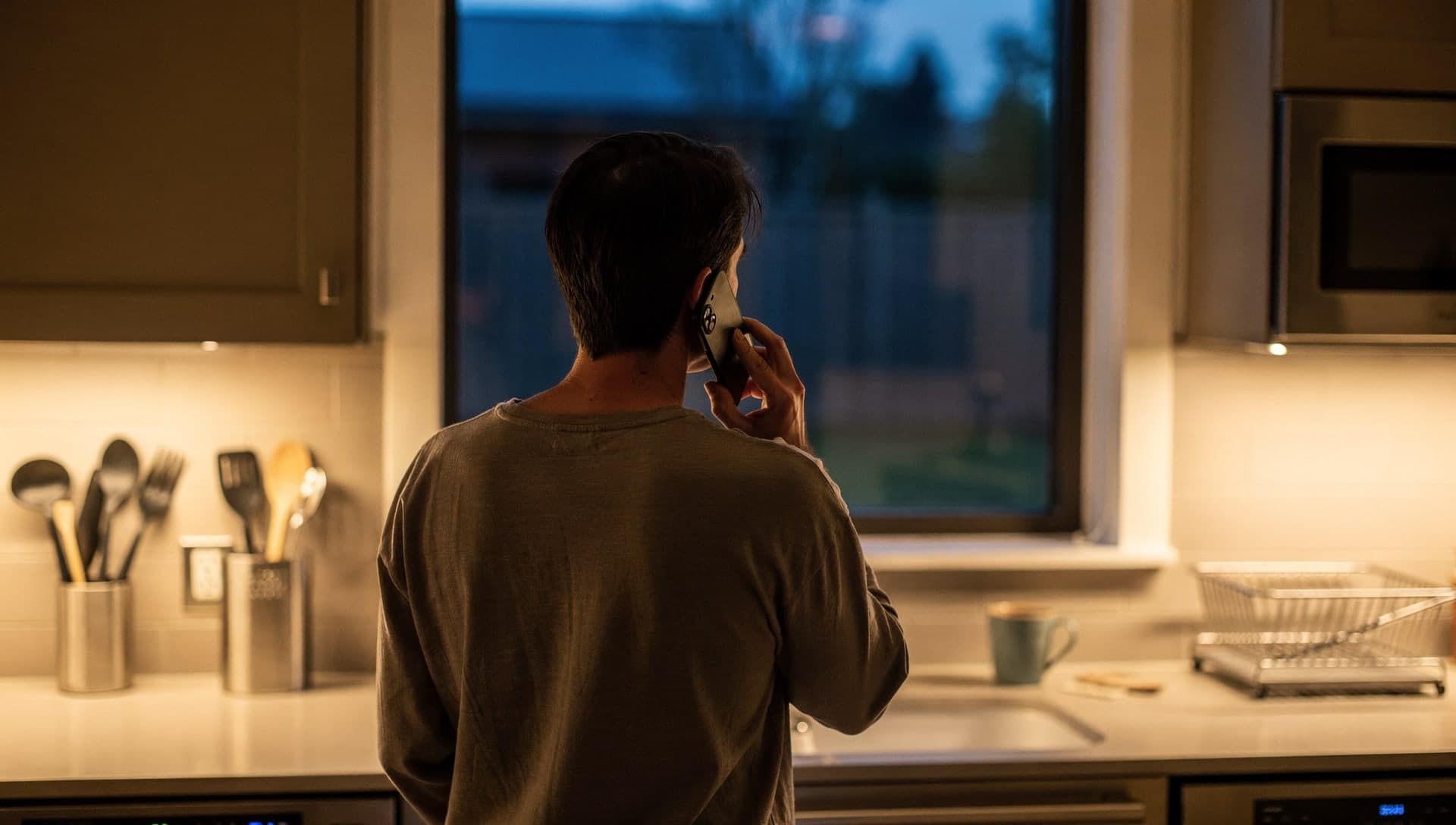 A man seen from behind taking a phone call at a dusk kitchen window