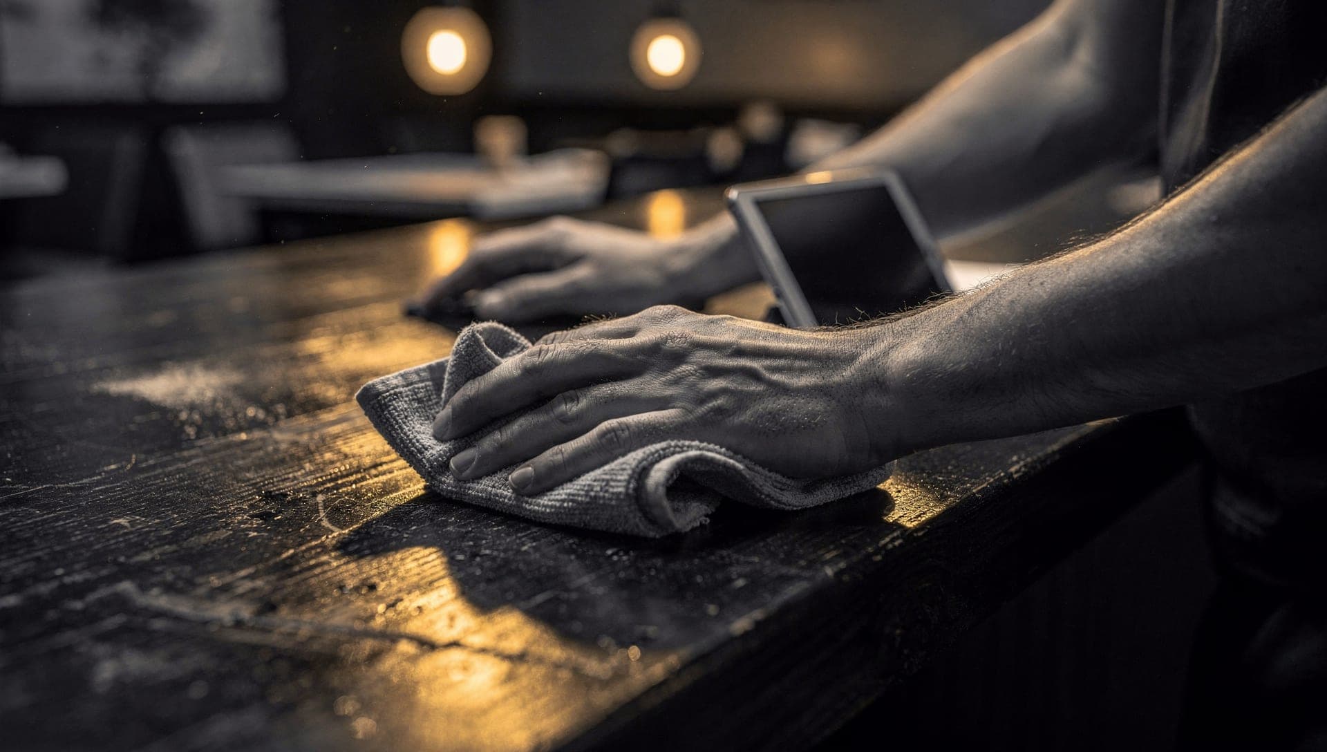 Hand wiping a dark wood bar counter with a gray cloth beside a propped tablet, two warm pendant lights blurred behind