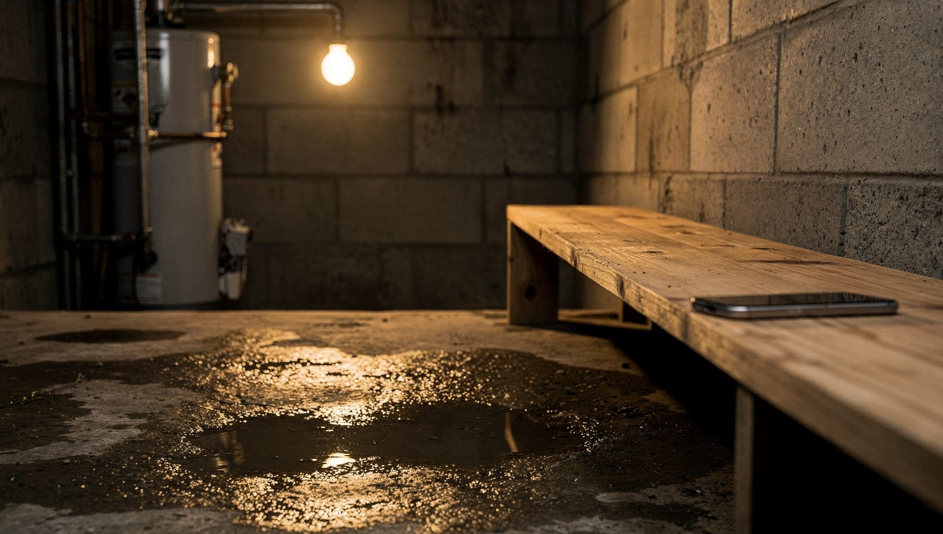 Puddle on a basement floor catching the light of one bare bulb, a phone lying on a plank bench and a water heater in the corner