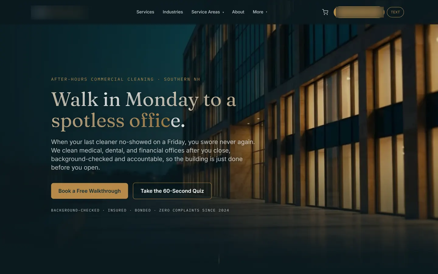 Concept website hero reading Walk in Monday to a spotless office. beside a glass office building lit at dusk